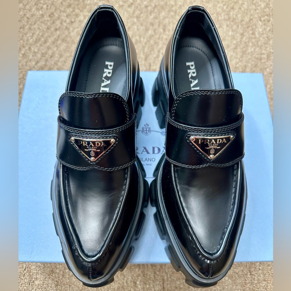 PRADA Black Leather Monolith Logo Platform Loafers Size 37